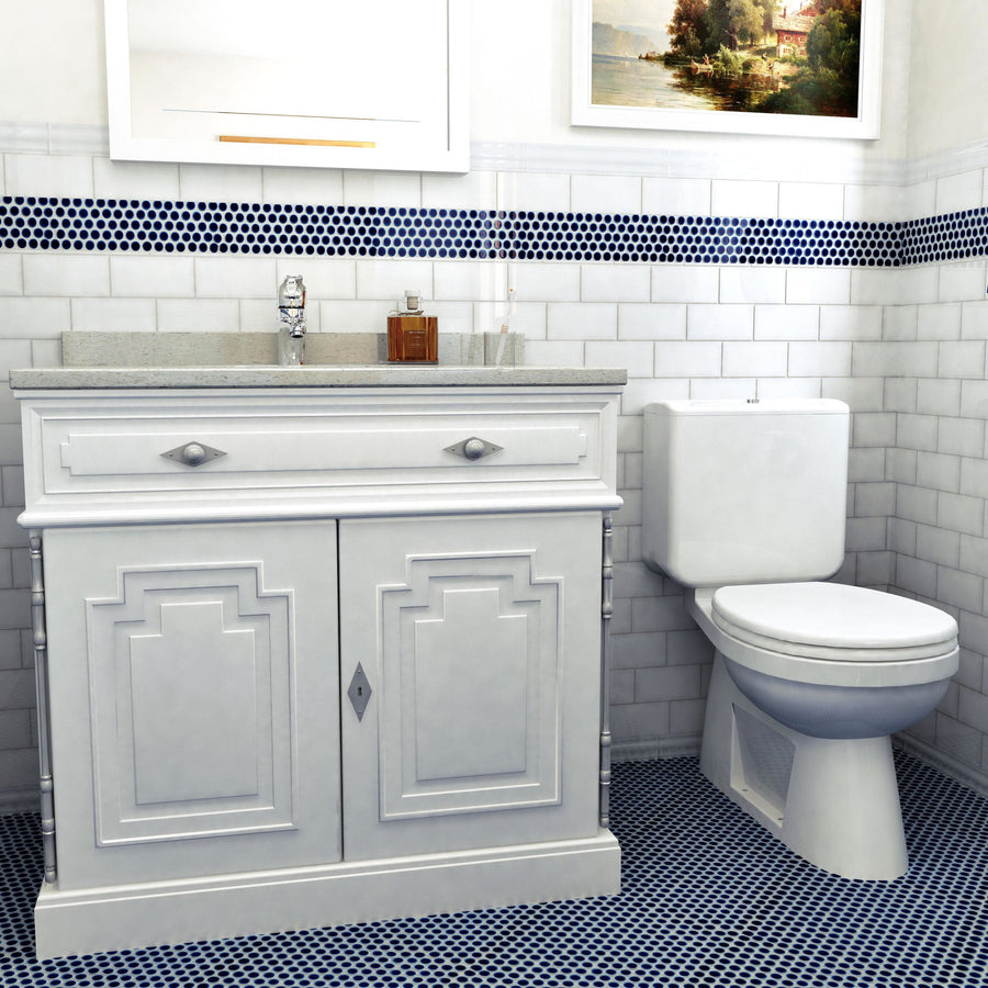 A bathroom with a white vanity and sink, rectangular mirror above, toilet beside the vanity, white subway tile walls, blue and white Hudson Penny Round Tile floor, and a framed picture on the wall.