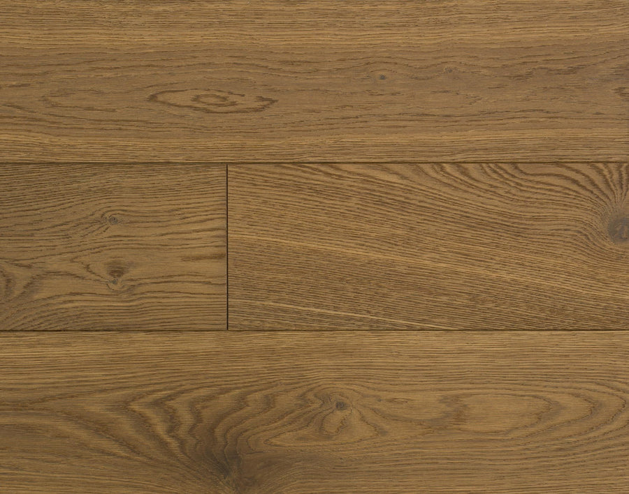 Close-up of Huntington European Oak 7 1/2" Hardwood floorboards in a natural brown finish, showcasing prominent wood grain and knots, arranged horizontally.