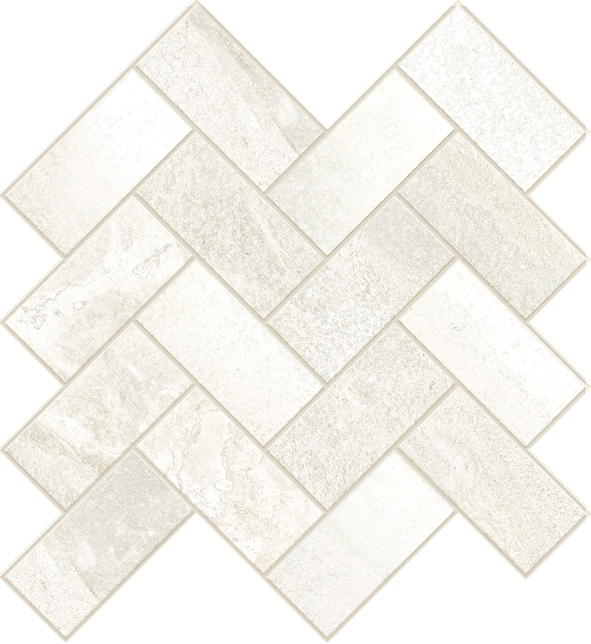 The Ibla Herringbone Mosaic Porcelain Tile features rectangular, off-white tiles in a diagonal zigzag pattern with subtle shading and textured surfaces, bringing elegant style to luxury interiors.
