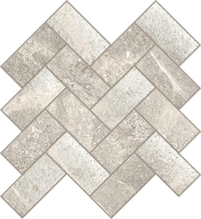 Ibla Herringbone Mosaic Porcelain Tile features a large format, textured, speckled surface in varied gray shades, ideal for luxurious interiors.
