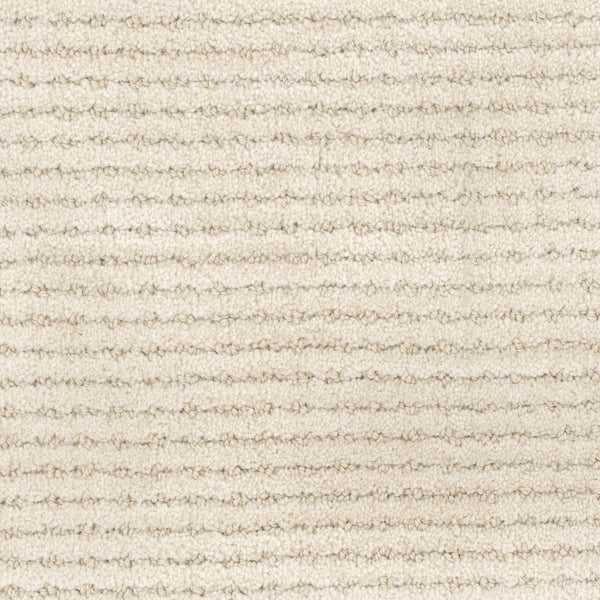 Close-up of Imagine Pet Friendly Carpet in beige, featuring a subtle horizontal ribbed pattern and plush, soft fibers with a uniform color that reflects handmade authenticity.