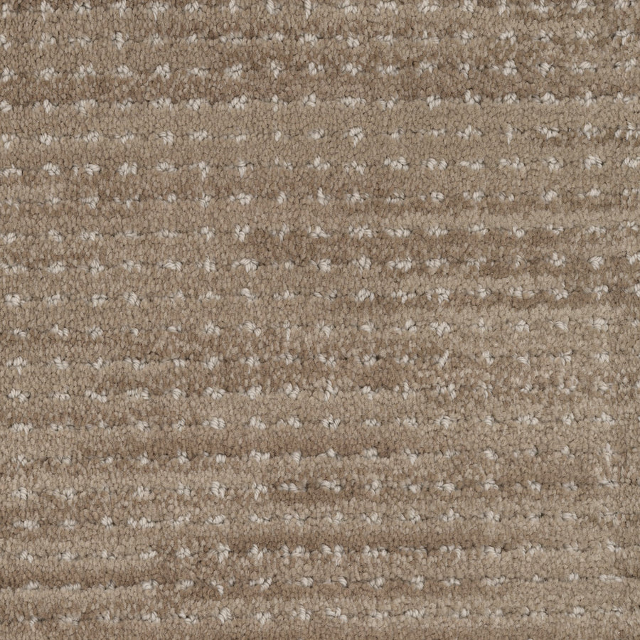 Close-up of Imagine Pet Friendly Carpet in beige and light brown, featuring a textured, woven speckled pattern with subtle horizontal stripes and small loops for a soft, cozy, handmade look.