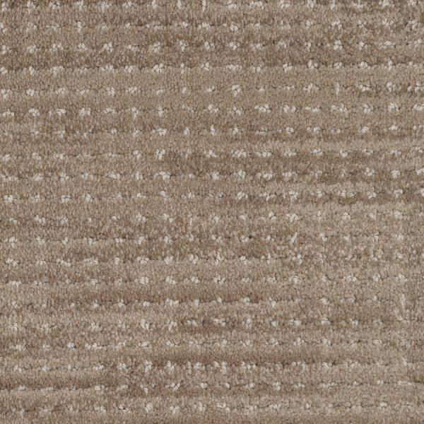 Close-up of Imagine Pet Friendly Carpet in beige and light brown, featuring a textured, woven speckled pattern with subtle horizontal stripes and small loops for a soft, cozy, handmade look.