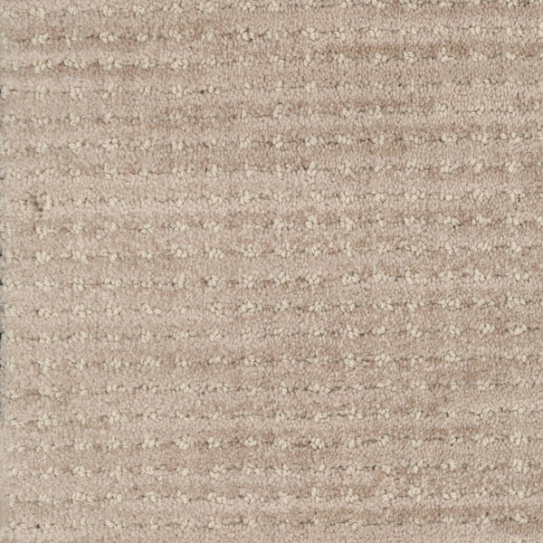 Close-up of Imagine Pet Friendly Carpet in beige, featuring a subtle horizontal stripe pattern and soft, woven texture with visible loops and fibers that showcase its handmade look.