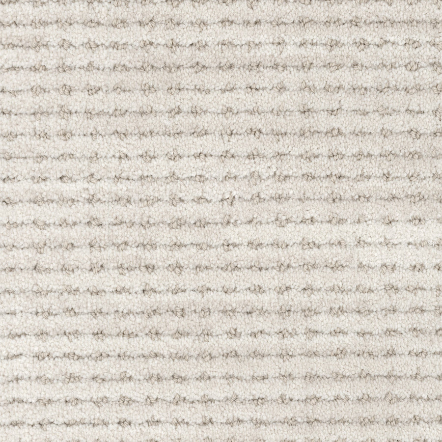 Close-up of Imagine Pet Friendly Carpet in beige, featuring a textured horizontal ribbed pattern. The solution-dyed fibers are soft and evenly spaced, giving the surface a subtle striped effect.