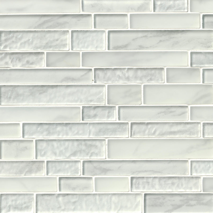 Interlocking Mosaic Natural Stone tiles feature rectangular light gray and white pieces in a staggered brick pattern. The glossy finish and marble-like veining give a modern, textured look for backsplashes or accent walls.