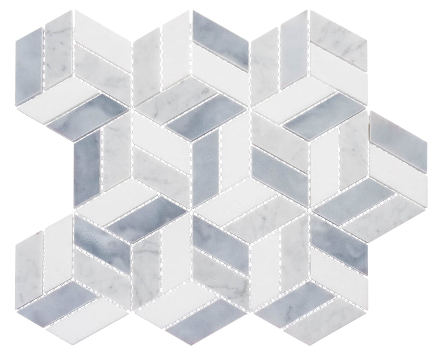 Joyous Moments Polished Marble Mosaic features interlocking hexagons and cubes in white, light gray, and silver marble, creating a striking 3D optical illusion ideal for bathroom walls or stylish backsplashes.