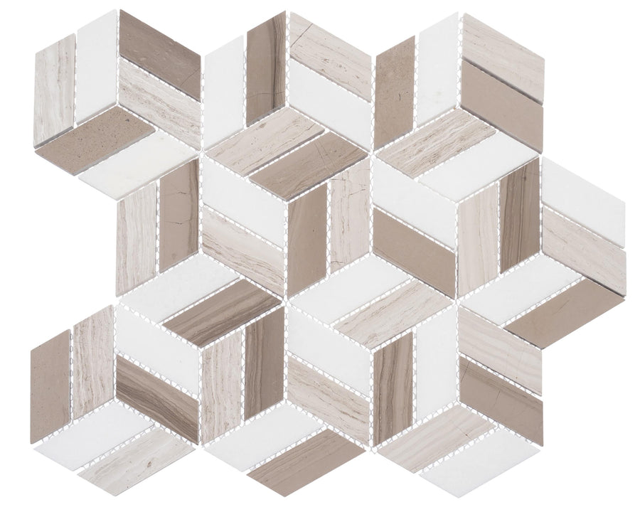 Joyous Moments Polished Marble Mosaic features beige, brown, and white hexagons in solid and striped designs, creating a 3D cube illusion—ideal for bathrooms or backsplashes with its intricate, repeating geometric pattern.
