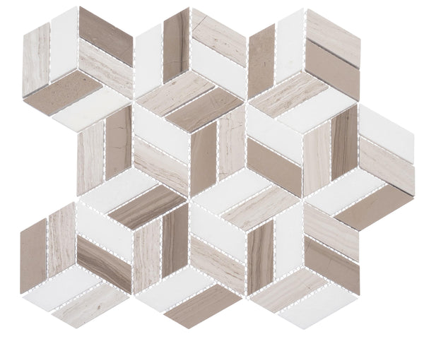 Joyous Moments Polished Marble Mosaic features beige, brown, and white hexagons in solid and striped designs, creating a 3D cube illusion—ideal for bathrooms or backsplashes with its intricate, repeating geometric pattern.
