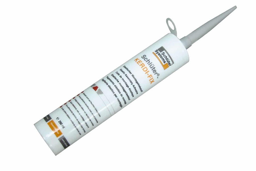 A white tube of Schluter Kerdi Fix adhesive with an attached nozzle, designed for sealing and bonding in waterproofing membrane systems. The label features the Schluter Kerdi Fix name, product details, and branding.
