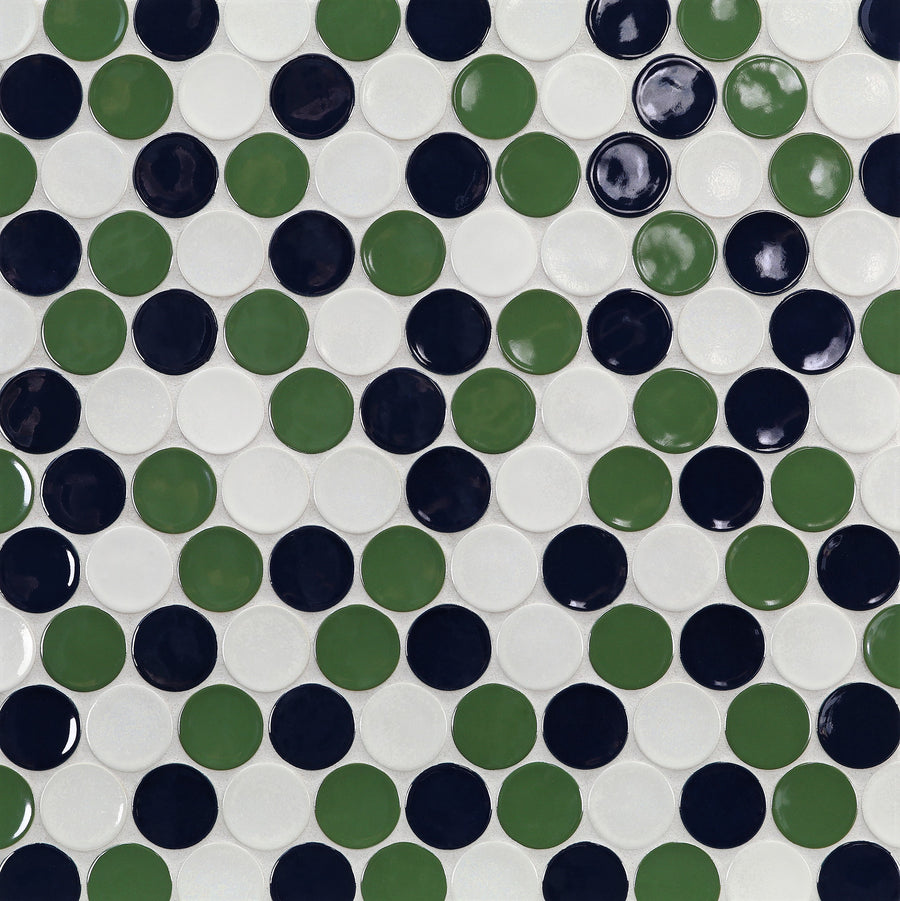 A close-up of Ka-Nu Buoy 2" Pennyround Mosaic Tile arranged in a grid, with alternating dark green, black, and white pieces created using a refined glazing technique.