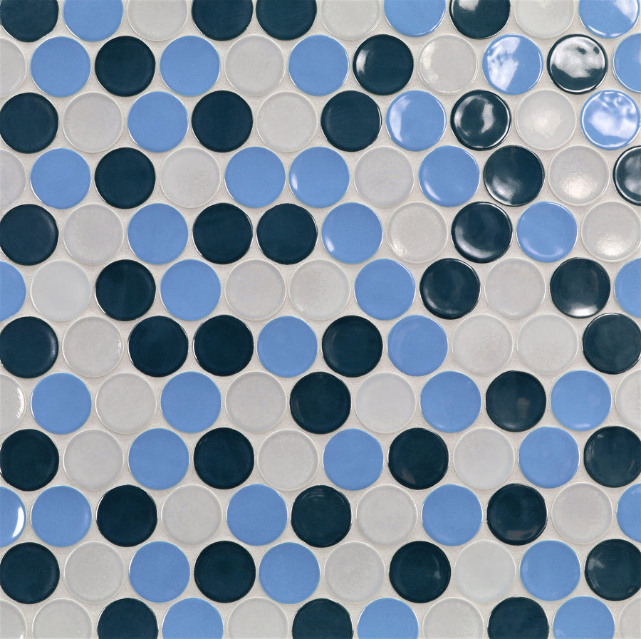 The Ka-Nu Buoy 2" Pennyround Mosaic Tile features small, round ceramic tiles in a pattern of dark blue, light blue, white, and gray for a geometric, decorative look.