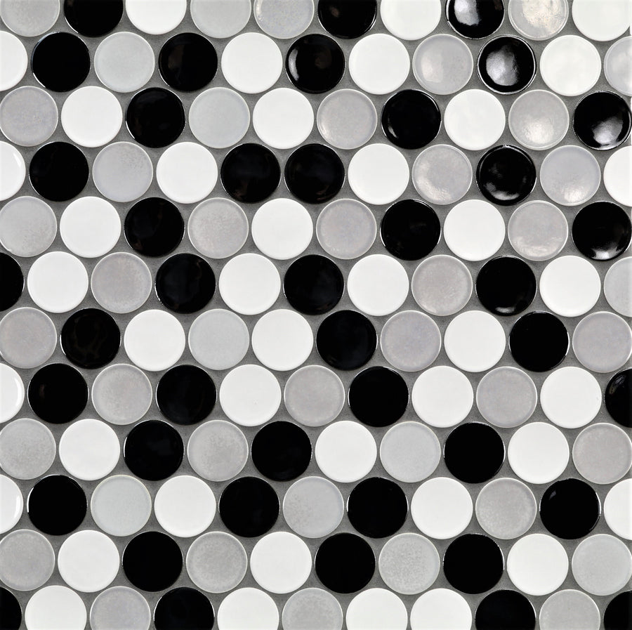 The Ka-Nu Buoy 2" Pennyround Mosaic Tile features a black and white circle pattern inspired by Japanese ceramic tile, perfect for adding a stylish touch to any space.