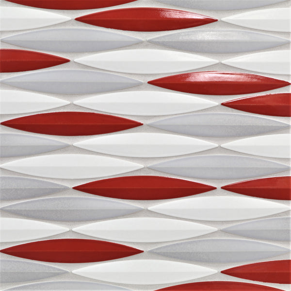 The Ka-Nu Keel 3D Mosaic Tile features elongated, leaf-shaped ceramic tiles in red, white, and light gray arranged in horizontal rows, creating a modern geometric design with its unique shapes and glazed colors.