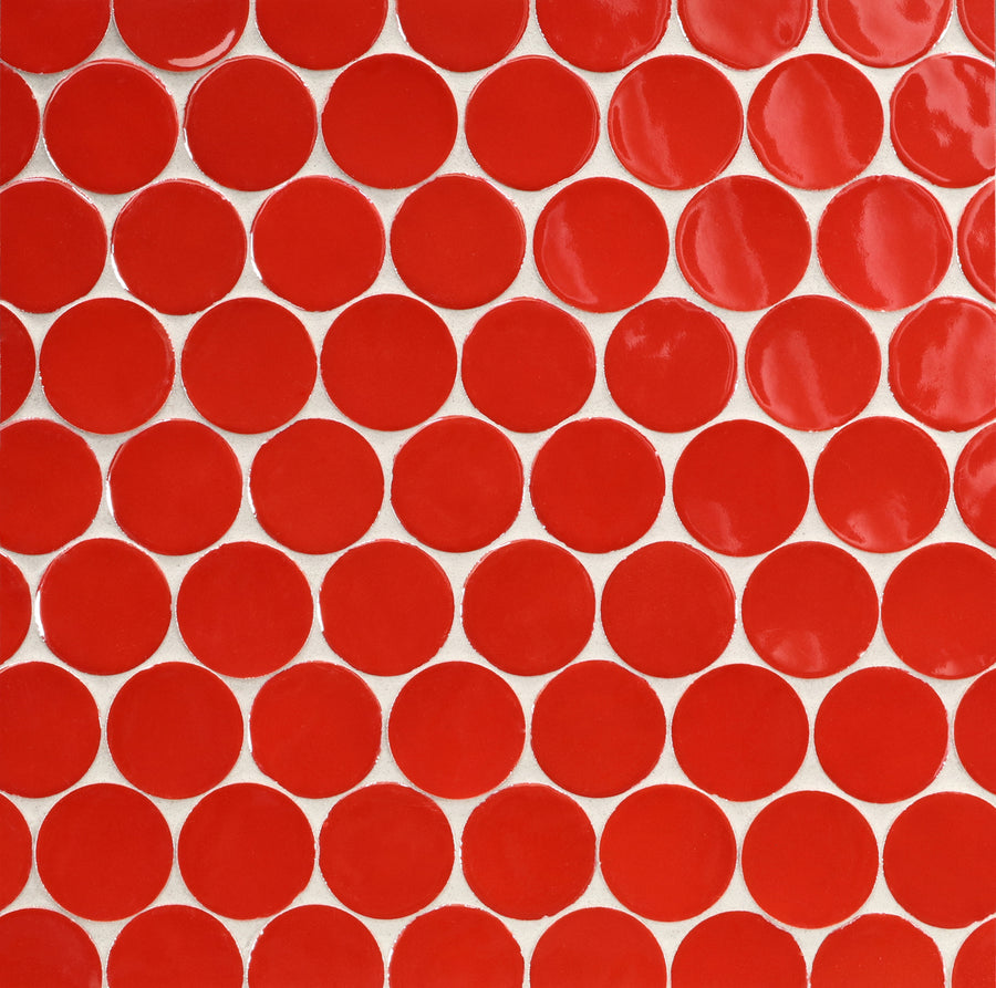 The Ka-Nu Buoy 2" Pennyround Mosaic Tile features glossy, round red ceramic tiles in a grid pattern with white grout, highlighting expert glazing craftsmanship.