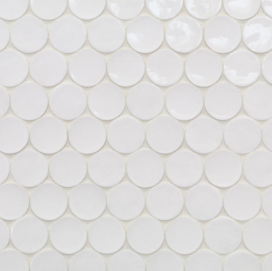 Close-up of a white Ka-Nu Buoy 2" Pennyround Mosaic Tile surface, featuring glossy ceramic tiles in neat rows separated by thin grout lines.