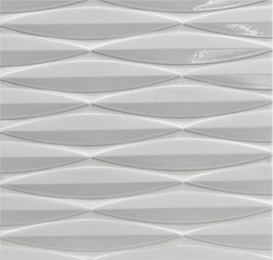 Ka-Nu Keel 3D Mosaic Tile features textured white ceramic with a repeating elongated hexagon or leaf pattern, creating a subtle dimensional effect for a modern, geometric look that highlights unique three-dimensional design.