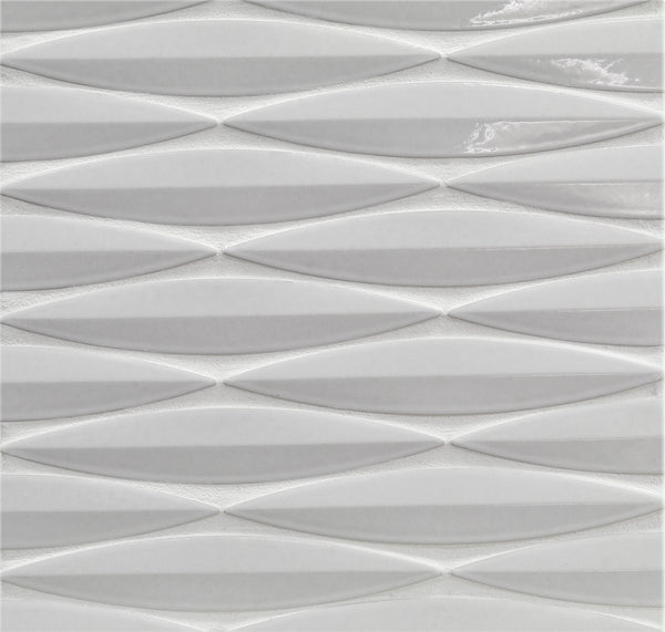 Ka-Nu Keel 3D Mosaic Tile features textured white ceramic with a repeating elongated hexagon or leaf pattern, creating a subtle dimensional effect for a modern, geometric look that highlights unique three-dimensional design.