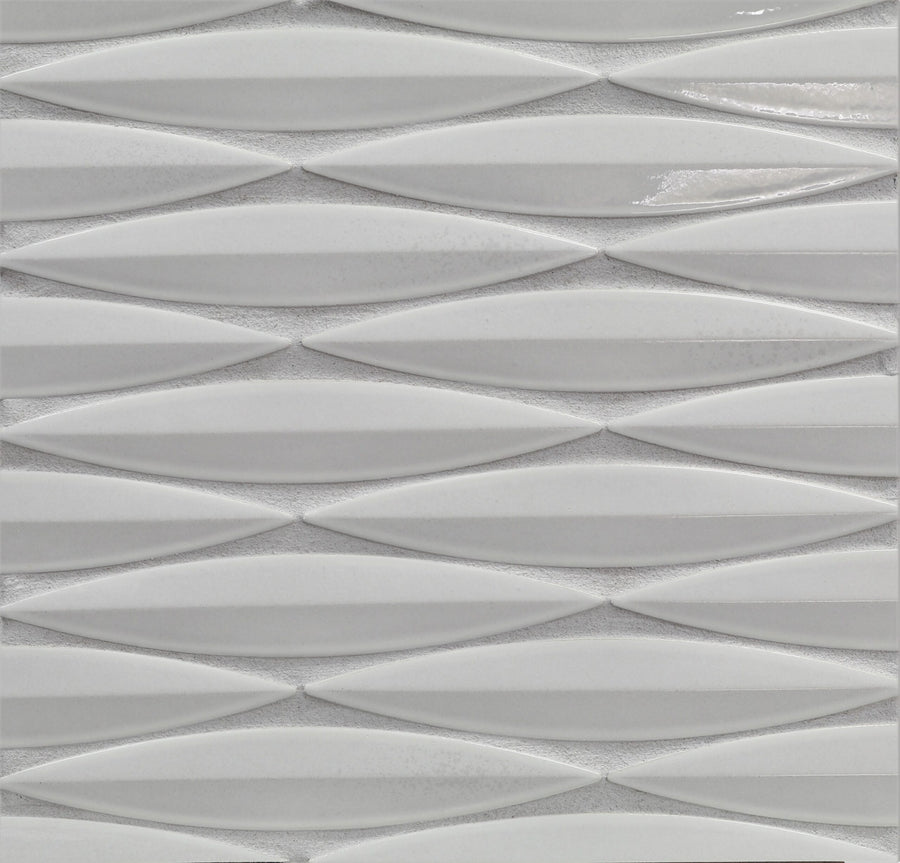 Ka-Nu Keel 3D Mosaic Tile features white, elongated ceramic tiles arranged in a staggered pattern for a textured geometric look, glossy finish, and subtle shadow effects.