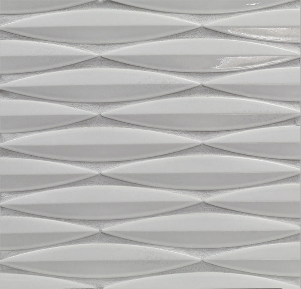 Ka-Nu Keel 3D Mosaic Tile features white, elongated ceramic tiles arranged in a staggered pattern for a textured geometric look, glossy finish, and subtle shadow effects.