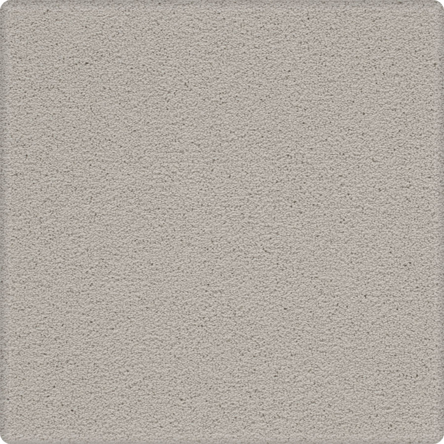 A close-up of the Dynamic Display Family Friendly Carpet reveals a smooth, light gray surface with fine, uniform dots and rounded corners—offering easy-care durability perfect for decorators.