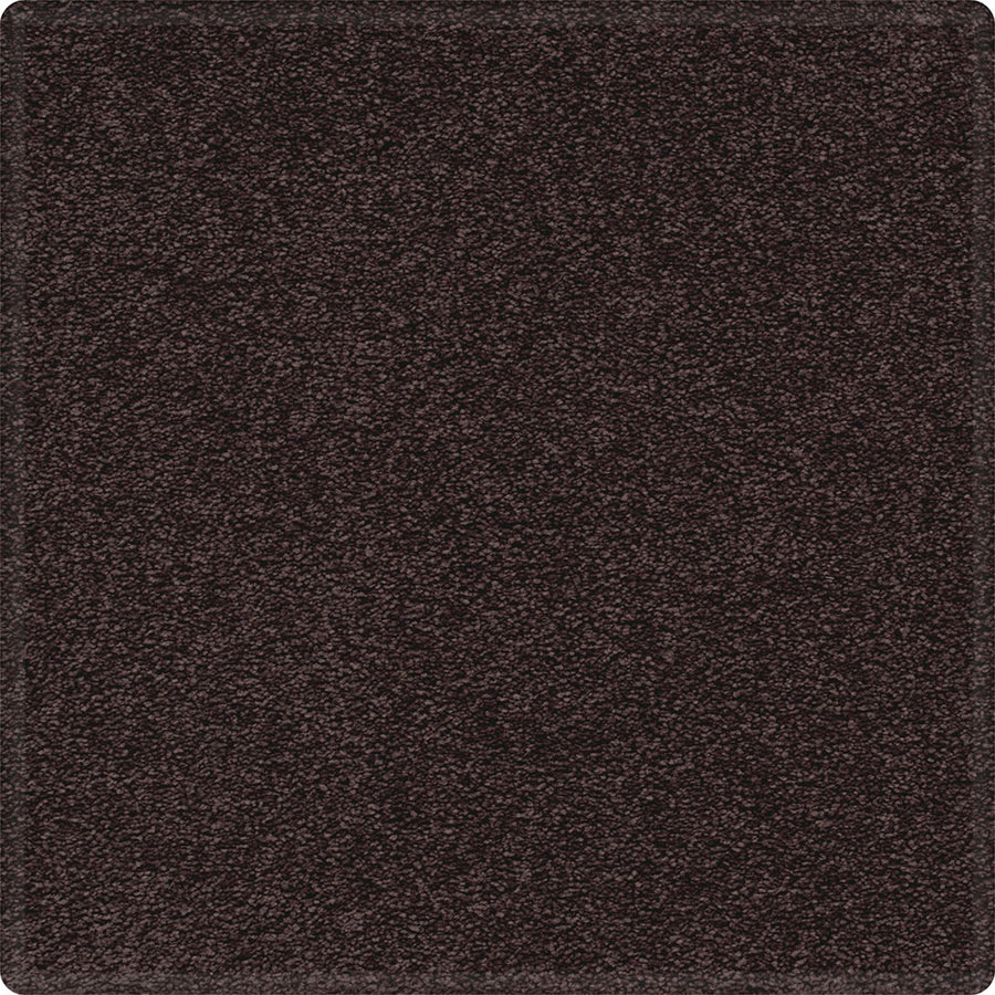 A square sample of Dynamic Display Family Friendly Carpet in dark brown, featuring a soft, plush textured surface and rounded corners—designed for easy care and decorator appeal.
