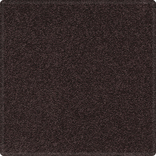 A square sample of Dynamic Display Family Friendly Carpet in dark brown, featuring a soft, plush textured surface and rounded corners—designed for easy care and decorator appeal.