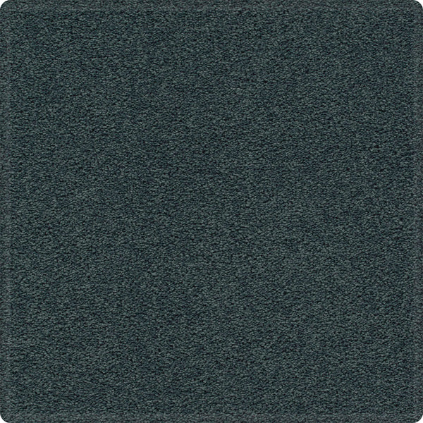 A close-up of the Dynamic Display Family Friendly Carpet shows dense, dark gray textured fibers with rounded corners, offering both plush comfort and easy-care durability—an ideal choice for stylish decorators.