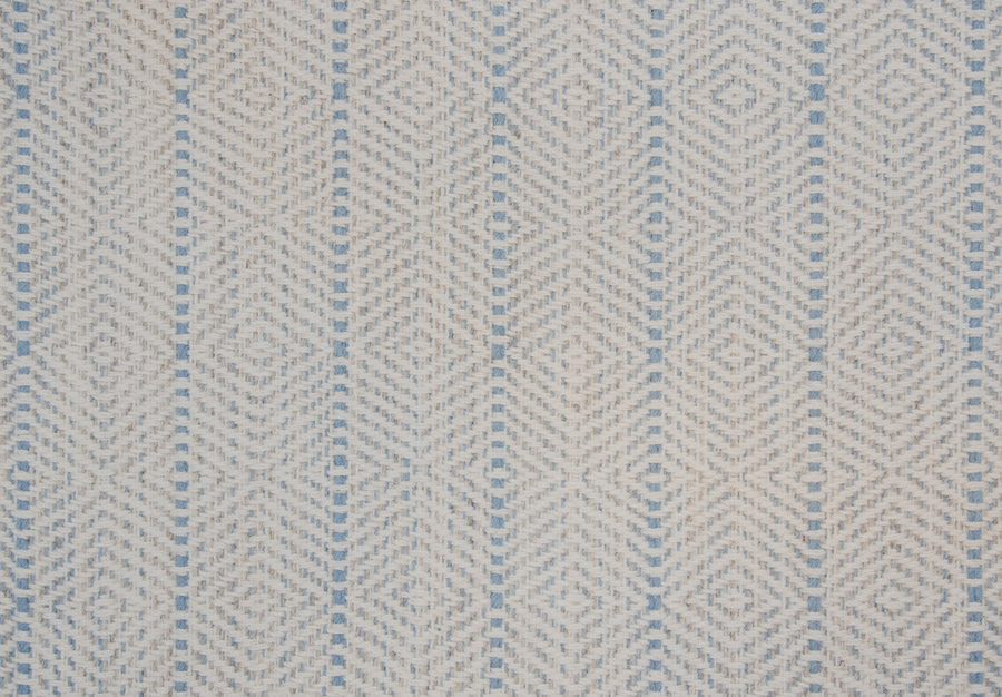 Kariba On Trend Wool Carpet features a geometric diamond pattern with vertical lines in light blue and beige on an off-white background, creating a textured, woven look—ideal for custom finished rugs or stylish wool carpets.