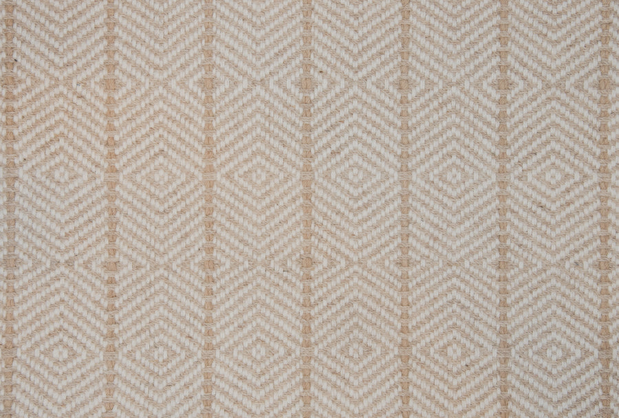 The Kariba On Trend Wool Carpet features a beige and white geometric diamond pattern with repeating chevron lines, inspired by woven textiles—ideal for a stylish and modern flooring update.
