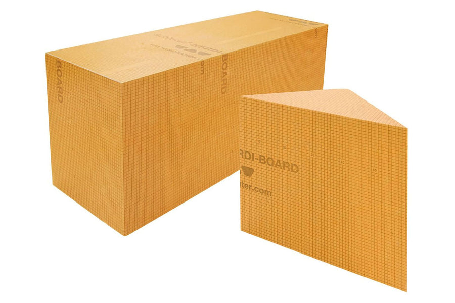 Schluter Kerdi Benches, shown as large rectangular and triangular orange grid-patterned boards with faint text, are displayed on a white background—perfect for building prefabricated or waterproof shower benches.
