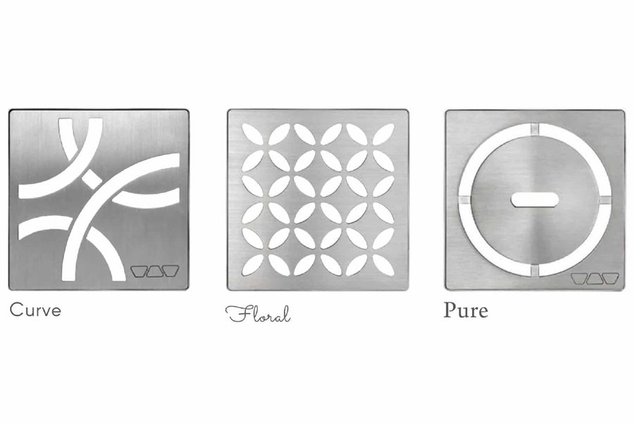 Kerdi Drain Style Grates are three square metal drain covers with Curve, Floral, and Pure designs—compatible with KERDI-DRAIN and perfect for installation over a waterproofing membrane in any drain grate setup.
