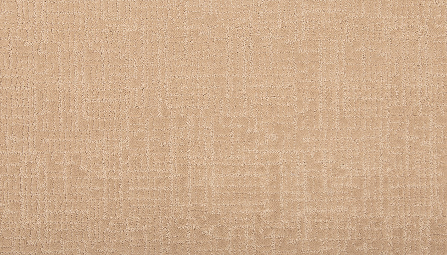 Delicate Features Family Friendly Carpet is a beige SmartStrand with a subtle geometric pattern of intersecting lines and textured squares, providing a soft, stain-resistant, and neutral backdrop for everyday living.