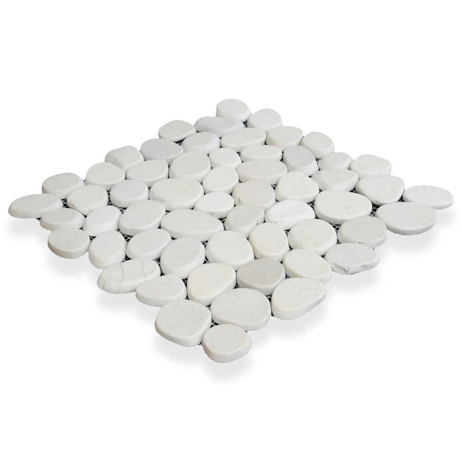 The Level Pebble Square Interlock Natural Stone features smooth, oval white stones in an interlocking pattern, creating a natural mosaic tile ideal for flooring or wall decoration.