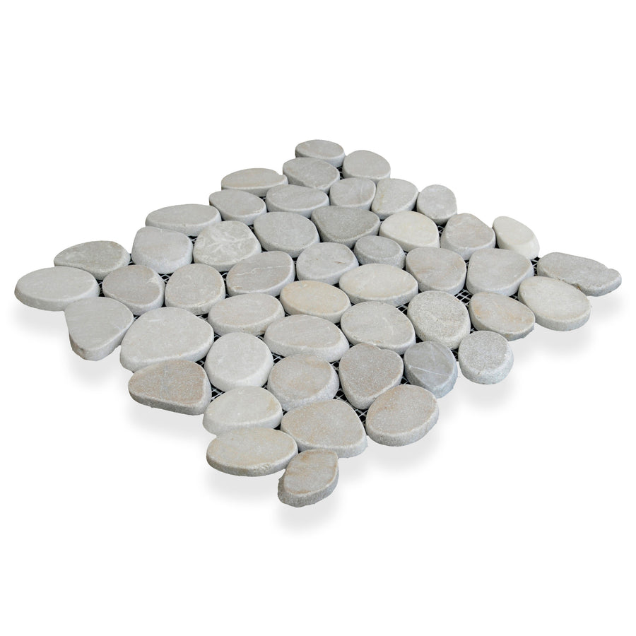 The Level Pebble Square Interlock Natural Stone is a square mesh mat with smooth, light gray river stones in an interlocking design, ideal as a decorative pebble tile for floors or walls.