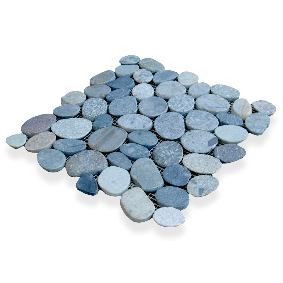 The Level Pebble Square Interlock Natural Stone tile features flat, smooth, oval gray and blue pebbles in a mosaic interlocking pattern on mesh backing for easy installation.