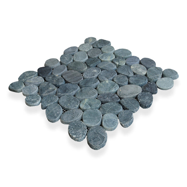 The Level Pebble Square Interlock Natural Stone tile sheet features smooth, round gray river stones in an interlocking square pattern with mesh backing, perfect for flooring or decorative surfaces.
