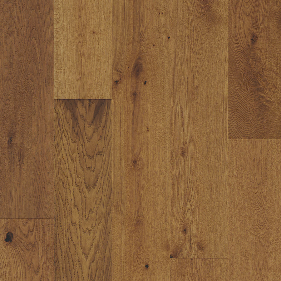 Close-up of Lexington Park 7 1/2" White Oak Hardwood planks side by side, showcasing natural grain patterns, knots, and subtle texture variations in brown shades.