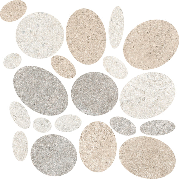 The Santorini Pebble Mosaic Porcelain Tile features oval and round pieces in beige, gray, and off-white tones, closely arranged on a white background for a tactile design inspired by natural surfaces.