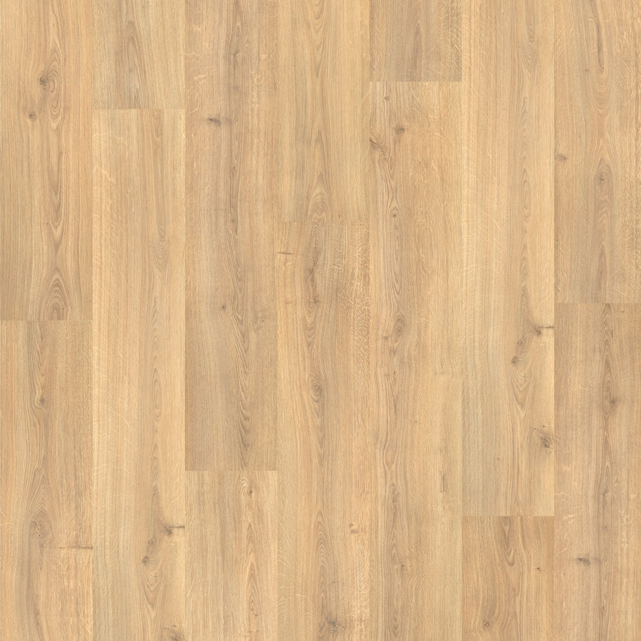 Pearl City 8.34" Waterproof Laminate features light brown, scratch-resistant planks with a natural grain and subtle knots. Its staggered layout, smooth matte finish, and warm neutral tone combine style with lasting durability.