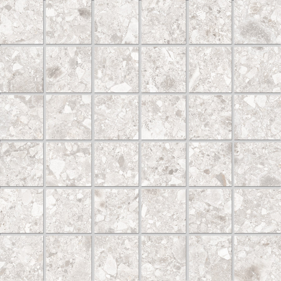 The Amalfi 2x2 Mosaic Porcelain Tile features a grid of square, light gray stone-effect tiles with a speckled, textured pattern and thin grout lines—perfect for luxury interiors.