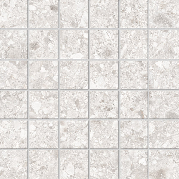 The Amalfi 2x2 Mosaic Porcelain Tile features a grid of square, light gray stone-effect tiles with a speckled, textured pattern and thin grout lines—perfect for luxury interiors.