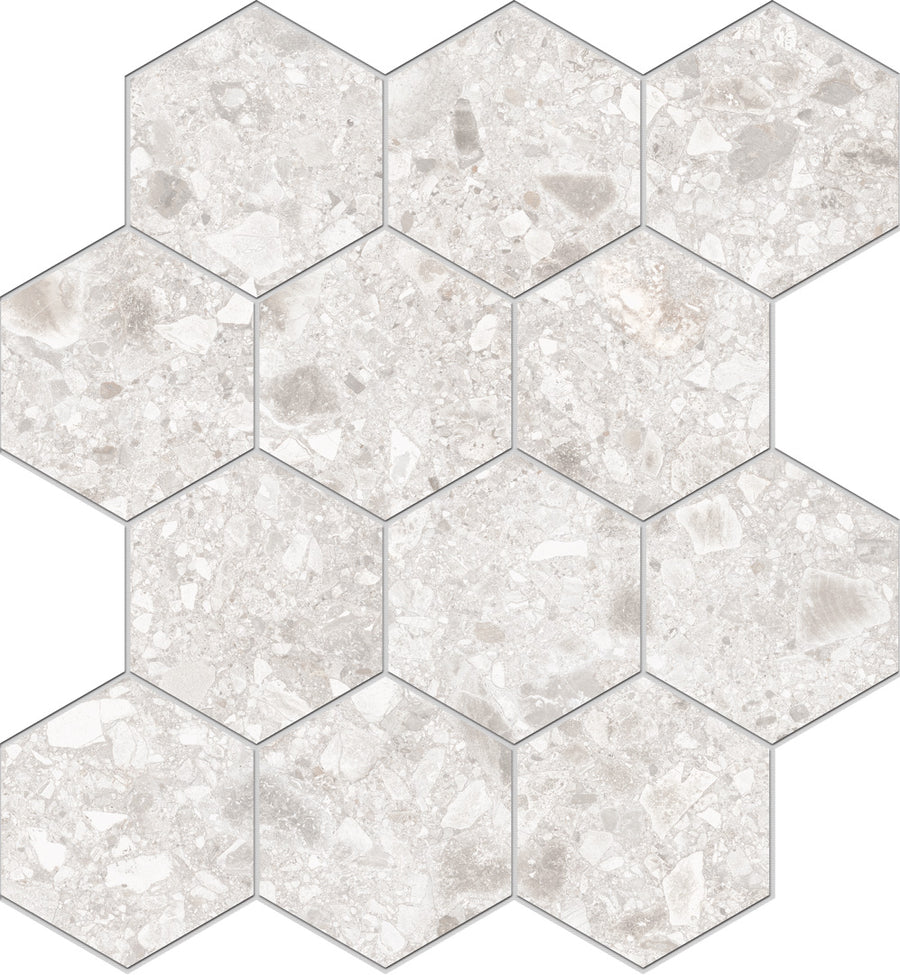 The Amalfi Hexagon Mosaic Porcelain Tile features a light gray and white marbled texture with subtle variations and stone fragments, arranged in a honeycomb pattern for an elegant stone-effect look.