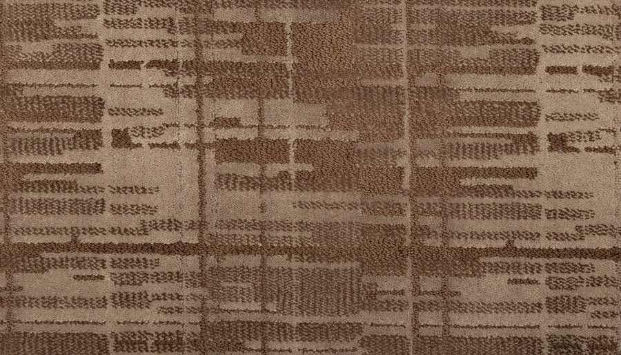 A close-up of Tartan Veil On Trend Carpet highlights its elegant geometric pattern of brown and beige intersecting lines and textured rectangles, offering a stylish flooring design.