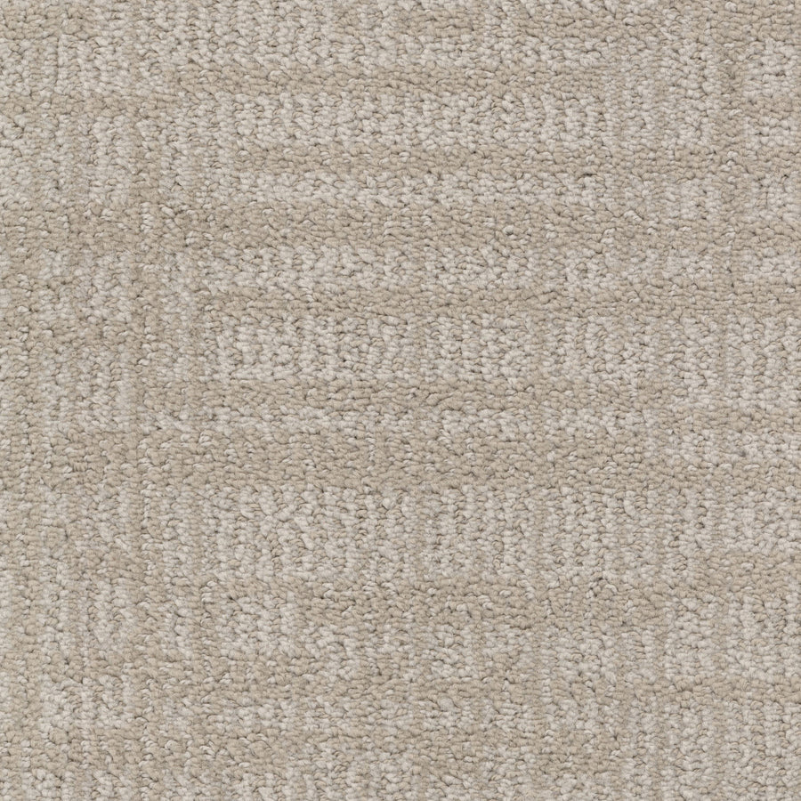 Close-up of Lineage Pet Friendly Carpet in beige, showcasing a subtle geometric square pattern in tan and cream, with textured surface and durable woven EnVisionSD yarn fibers.