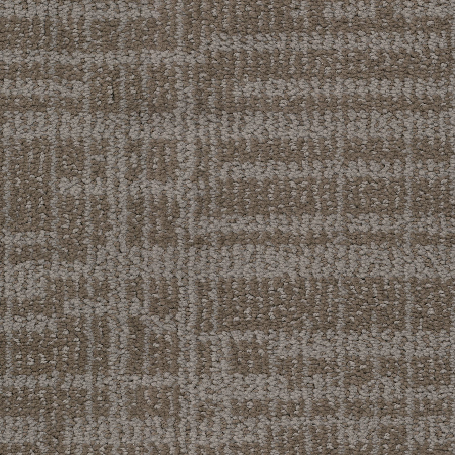 Close-up of Lineage Pet Friendly Carpet, featuring EnVisionSD yarn and a textured geometric pattern of intersecting lines and rectangles in rich brown and beige tones—a sophisticated flooring statement.
