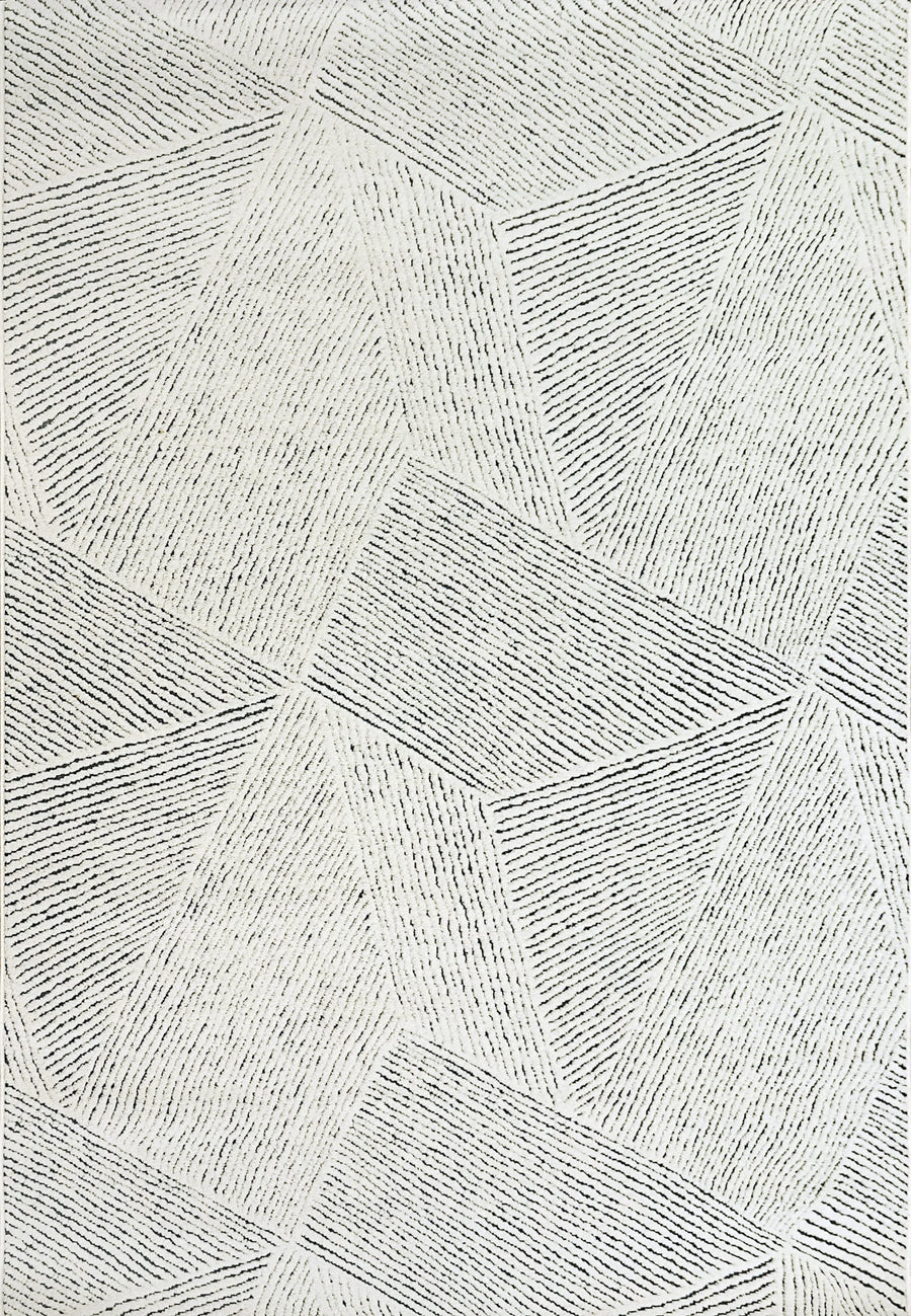 The Lotus 8144 Area Rug features a geometric pattern of overlapping polygons with diagonal, thin black lines on a white background, creating an abstract, contemporary high-low texture.