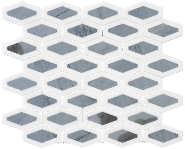 The Garden Party Marble Mosaic features alternating white and silver-gray diamond-shaped tiles in a repeating hexagon pattern, crafted from elegant marble for a modern geometric touch.