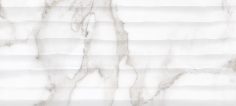 The Glam 10x22 Onda Deco Glossy Porcelain Tile features a white marble look with subtle gray veining and a lightly textured, horizontal ridged pattern—perfect as an elegant wall tile for sophisticated, modern interiors.