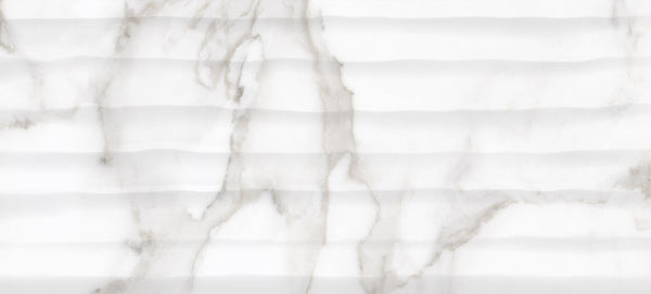 The Glam 10x22 Onda Deco Glossy Porcelain Tile features a white marble look with subtle gray veining and a lightly textured, horizontal ridged pattern—perfect as an elegant wall tile for sophisticated, modern interiors.